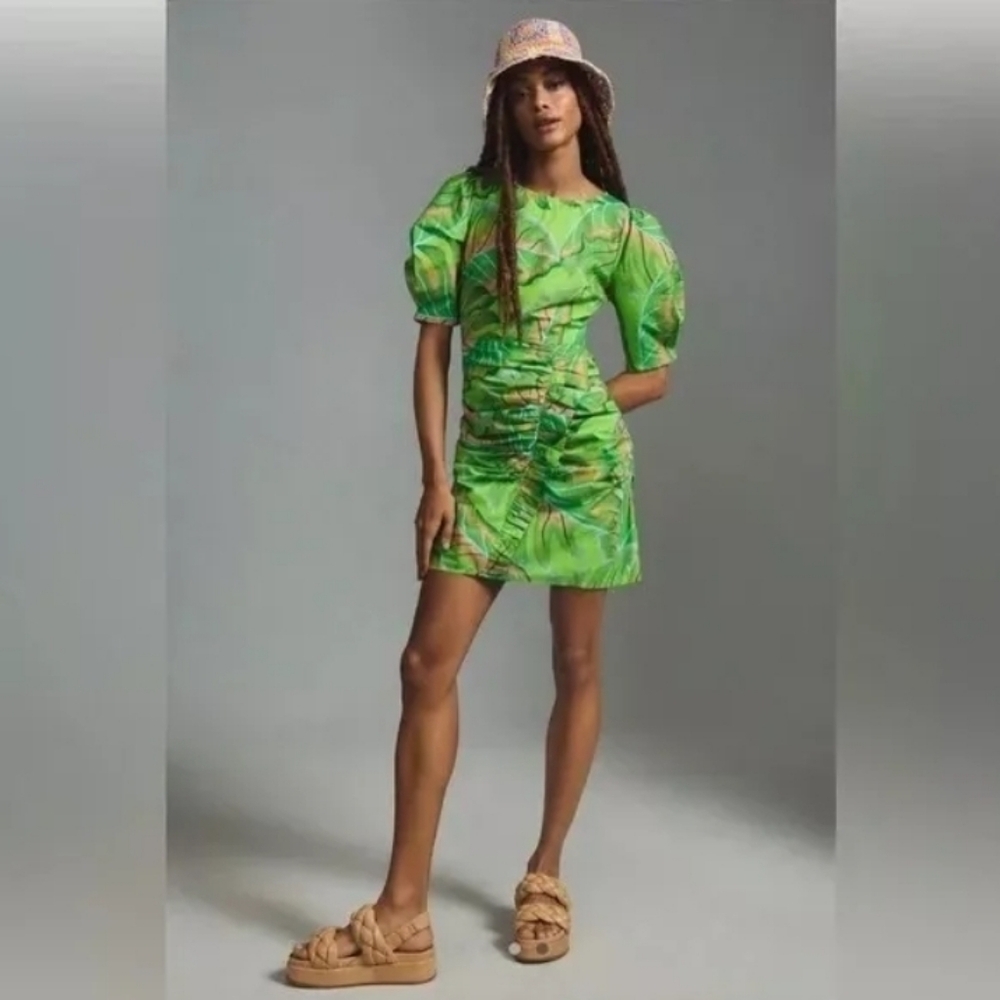 Farm Rio Anthropologie Size M Lime Green Puff Sleeve Mini Dress Tropical